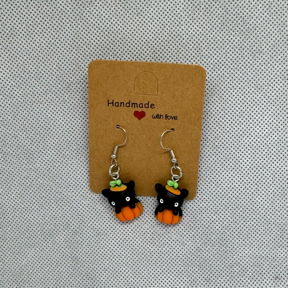Handmade Black Cat in Pumpkin Earrings